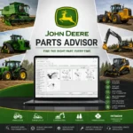 Promotional banner for John Deere Parts Advisor 07.2025 software. A central laptop showcases technical exploded parts diagrams for repair. Collaged images of varied John Deere and Hitachi heavy equipment, including excavators, tractors, and combines, are shown operating. Icons and text highlight key features: Exploded Diagrams, OEM Part Numbers, PIN Filtering, Multi-equipment support, Offline Access, and Professional Remote Installation.
