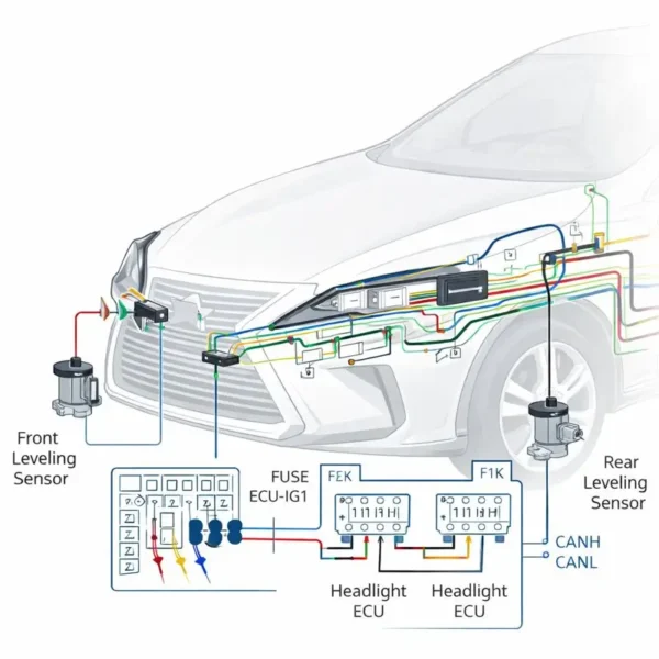 Lexus RX 450h GYL25L headlight wiring diagram showing LED modules and leveling sensors