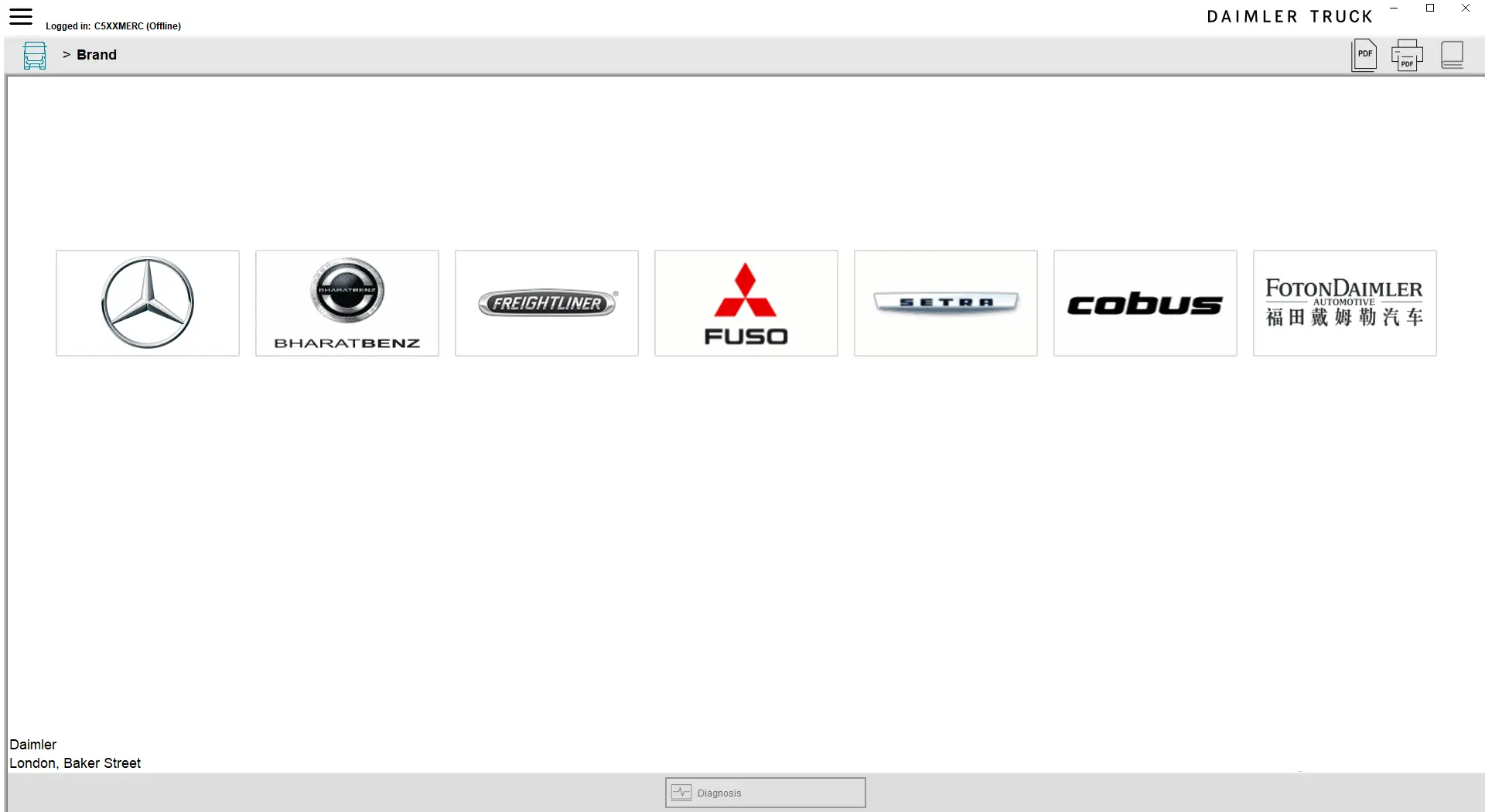 Mercedes XENTRY diagnostics brand selection menu for commercial vehicles and buses