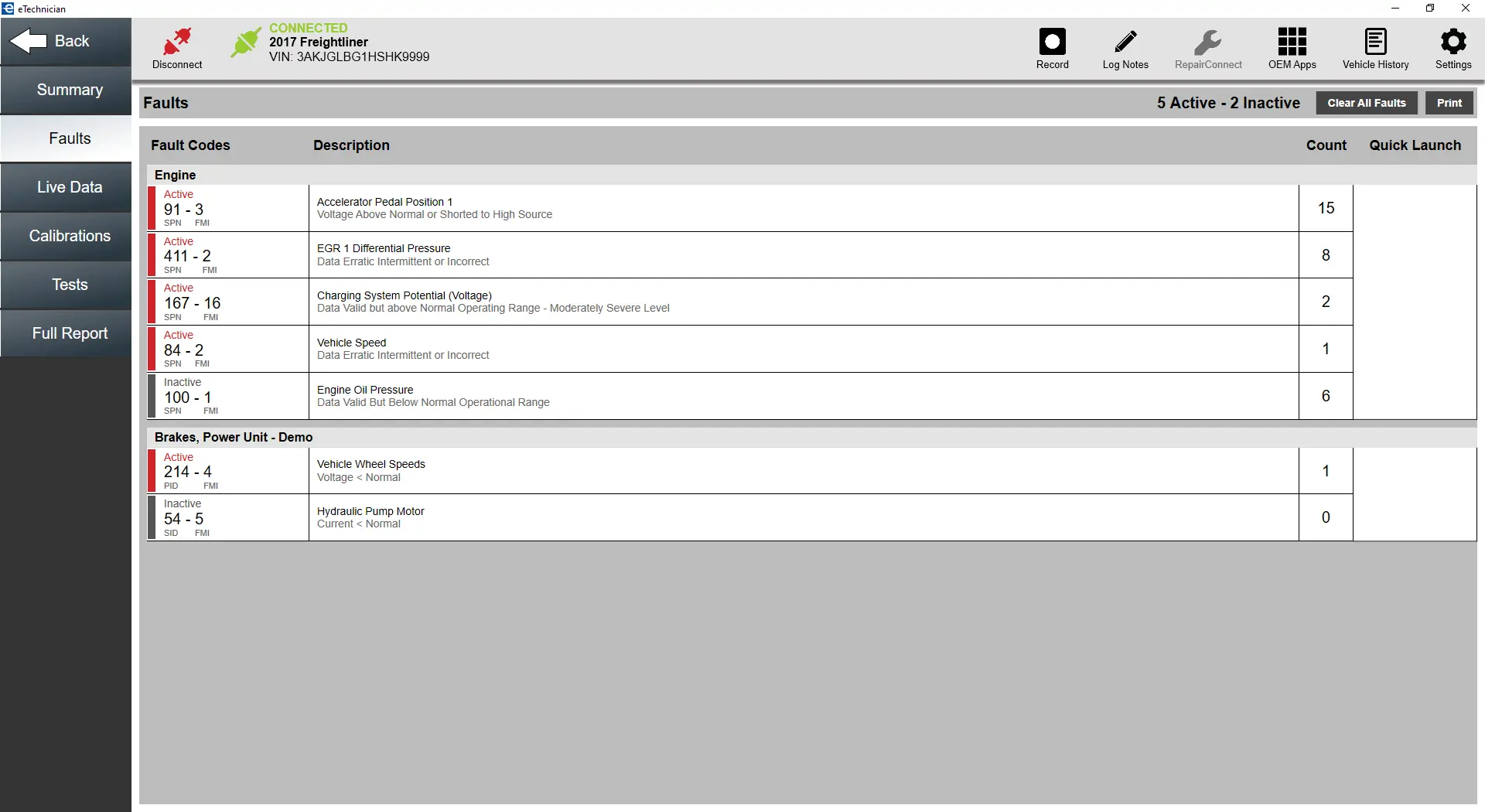 NEXIQ eTechnician heavy duty diagnostics showing active and inactive engine fault codes