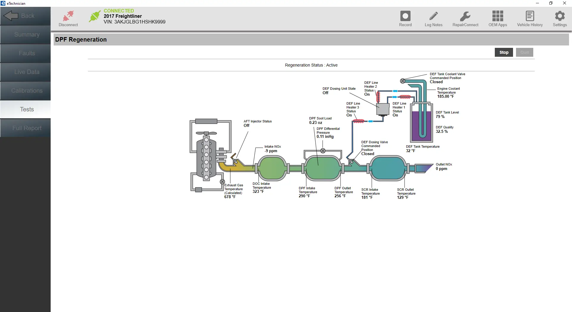 NEXIQ eTechnician diagnostic software showing active DPF regeneration and DEF system flow