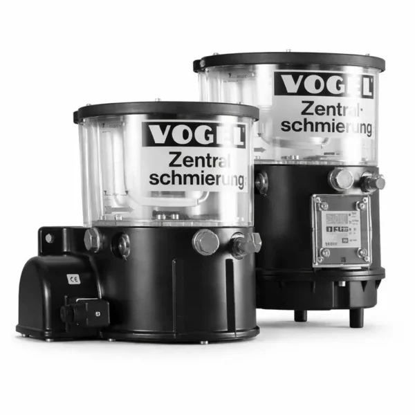 VOGEL KFG and KFGS centralized lubrication pump units with transparent reservoirs shown on a plain white background for industrial lubrication systems