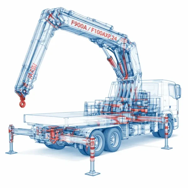 Fassi F900A / F1000AXP.24 heavy-duty truck-mounted hydraulic crane blueprint illustration showing extended telescopic boom, stabilizers, and hydraulic system layout on white background