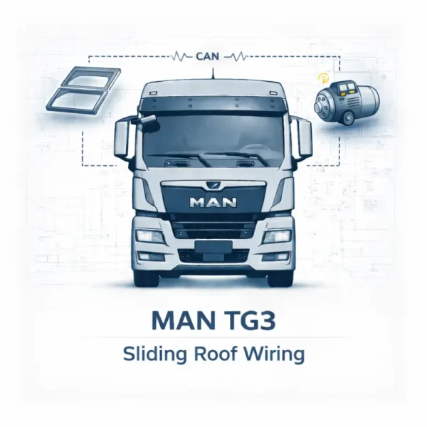 Illustrative cover for MAN TG3 Sliding Roof Wiring Diagrams featuring a white MAN truck, a sliding roof panel graphic, and a CAN bus communication icon