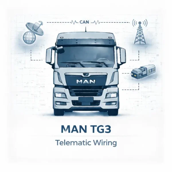Technical cover for MAN TG3 Telematic Wiring Diagrams, featuring a white MAN truck with icons for satellite GPS, cellular transmission towers, telematic control units, and CAN bus connectivity
