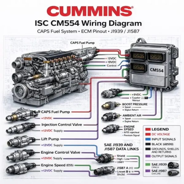 Cummins ISC CM554 CAPS wiring diagram ECM pinout fuel pump sensors injector control infographic schematic