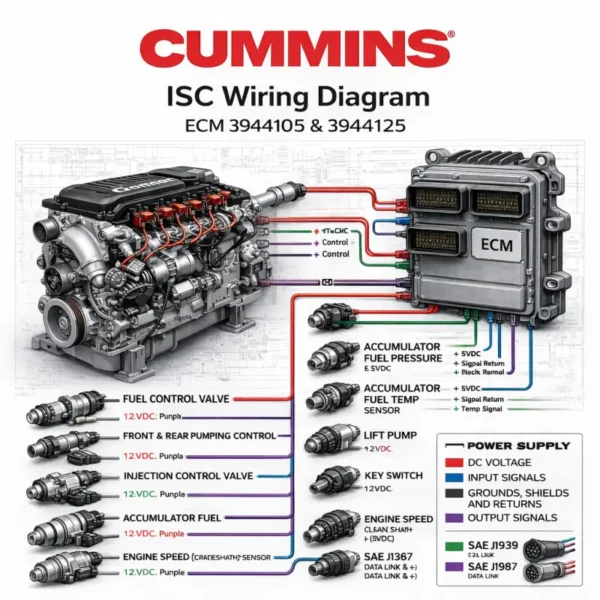 Cummins ISC wiring diagram ECM 3944105 3944125 fuel system sensors injector control schematic infographic blueprint