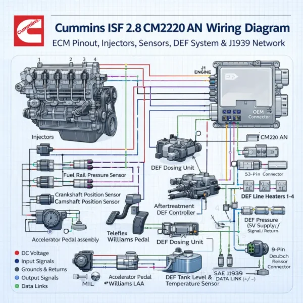 Cummins ISF 2.8 CM2220 AN wiring diagram ECM pinout injectors DEF dosing unit NOx SCR sensors infographic schematic