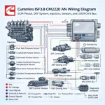 Cummins ISF3.8 CM2220 AN wiring diagram infographic showing ECM pinout DEF system injectors sensors and J1939 CAN bus connections