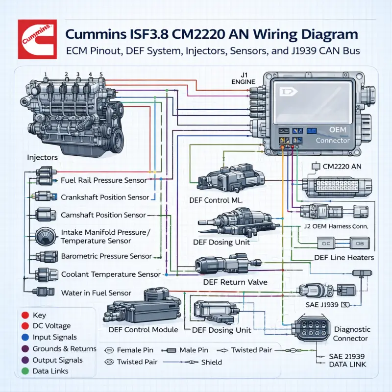 Cummins ISF3.8 CM2220 AN Wiring Diagram ECM Pinout, DEF System & J1939 Network (4021676) Cummins ISF3.8 CM2220 AN wiring diagram infographic showing ECM pinout DEF system injectors sensors and J1939 CAN bus connections