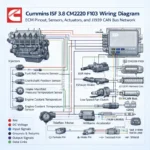 Cummins ISF3.8 CM2220 F103 wiring diagram infographic showing ECM pinout, engine sensors, injectors, EGR system, actuators, and J1939 CAN bus data link connections with color-coded wiring signals