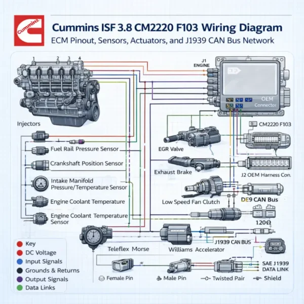Cummins ISF3.8 CM2220 F103 wiring diagram infographic showing ECM pinout, engine sensors, injectors, EGR system, actuators, and J1939 CAN bus data link connections with color-coded wiring signals