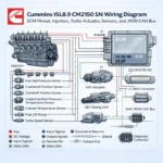 Cummins ISL8.9 CM2150 SN wiring diagram showing ECM pinout injectors turbo actuator sensors and J1939 CAN bus connections