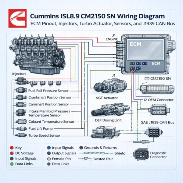 Cummins ISL8.9 CM2150 SN wiring diagram showing ECM pinout injectors turbo actuator sensors and J1939 CAN bus connections