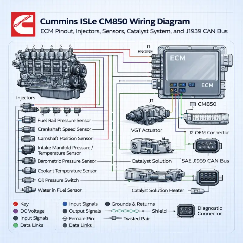 Cummins ISLe CM850 Wiring Diagram ECM Pinout, Sensors & J1939 Network (4021598) Cummins ISLe CM850 Wiring Diagram | ECM Pinout, Sensors & J1939 Network (4021598) - Image 1