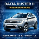 Dacia Duster II wiring diagrams manual cover with SUV vehicle and electrical schematic blueprint background