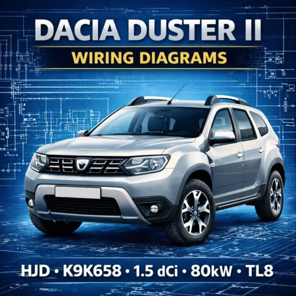 Dacia Duster II wiring diagrams manual cover with SUV vehicle and electrical schematic blueprint background