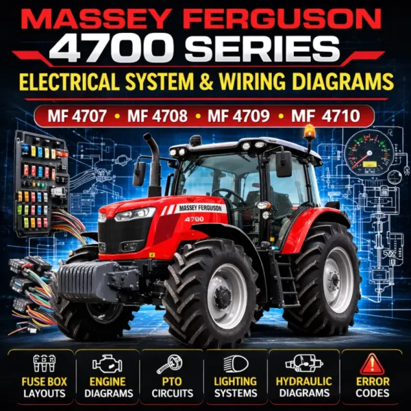 Massey Ferguson 4700 series electrical system and wiring diagrams manual cover with agricultural tractor and blueprint electrical schematic background