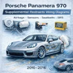 Porsche Panamera 970 supplemental restraints system wiring diagrams manual cover showing a 2010–2016 Panamera with airbag modules, crash sensors, seatbelt pretensioners, and SRS control unit circuit blueprint overlay