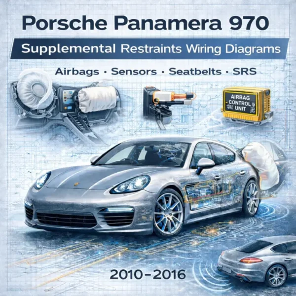Porsche Panamera 970 supplemental restraints system wiring diagrams manual cover showing a 2010–2016 Panamera with airbag modules, crash sensors, seatbelt pretensioners, and SRS control unit circuit blueprint overlay