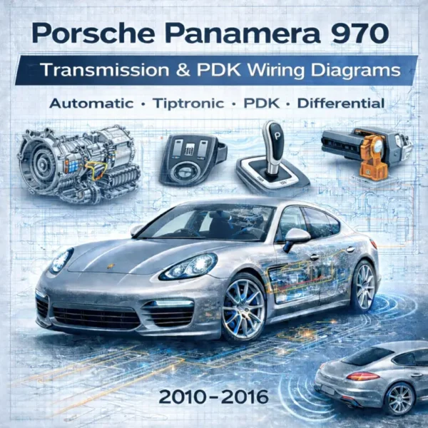 Porsche Panamera 970 transmission and PDK wiring diagrams manual cover showing a 2010–2016 Panamera with gearbox, selector lever, Tiptronic controls, and drivetrain circuit blueprint overlay