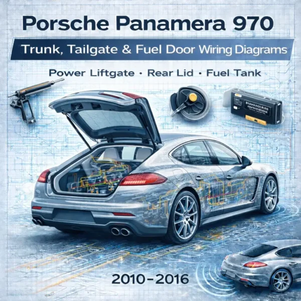 Porsche Panamera 970 trunk, tailgate and fuel door wiring diagrams manual cover showing a 2010–2016 Panamera with open liftgate and blueprint circuit overlay representing power liftgate motors, tailgate lock system and fuel tank cover actuator circuits