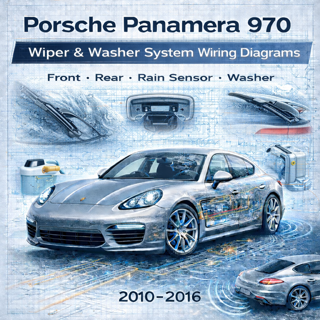 Porsche Panamera 970 (2010–2016) Wiper & Washer System Wiring Diagrams Porsche Panamera 970 wiper and washer system wiring diagrams manual cover showing a 2010–2016 Panamera with windshield wipers, rain sensor, washer pumps and circuit blueprint overlay