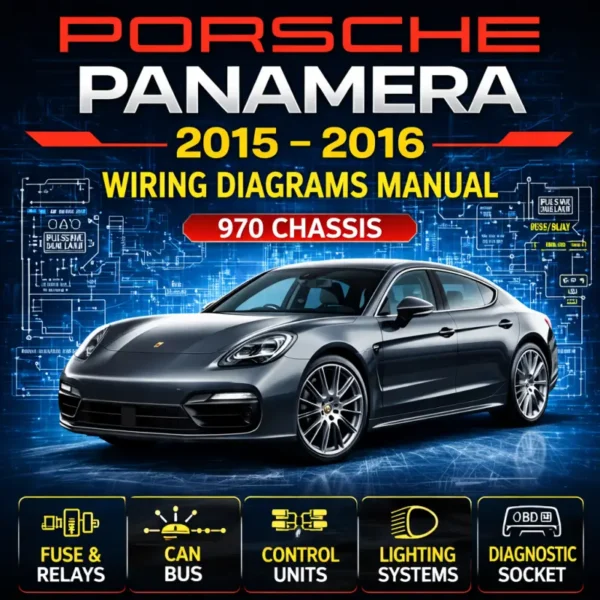 Porsche Panamera 970 wiring diagrams manual cover showing a 2015–2016 luxury sedan with electrical blueprint schematic background and automotive circuit diagrams