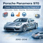 Porsche Panamera 970 power distribution wiring diagrams manual cover showing a 2010–2016 Panamera with electrical circuit blueprint overlay representing door locks, seat systems, steering electronics, and vehicle power supply network.