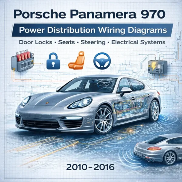 Porsche Panamera 970 power distribution wiring diagrams manual cover showing a 2010–2016 Panamera with electrical circuit blueprint overlay representing door locks, seat systems, steering electronics, and vehicle power supply network.