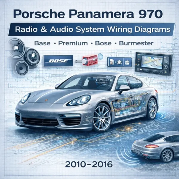 Porsche Panamera 970 radio and audio system wiring diagrams manual cover showing a 2010–2016 Panamera with blueprint circuit overlay representing base, premium, Bose and Burmester infotainment and speaker systems.