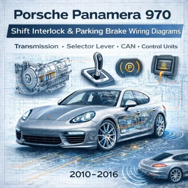 Porsche Panamera 970 shift interlock and electronic parking brake wiring diagrams manual cover showing a 2010–2016 Panamera with transmission, selector lever, and parking brake system circuit blueprint overlay.