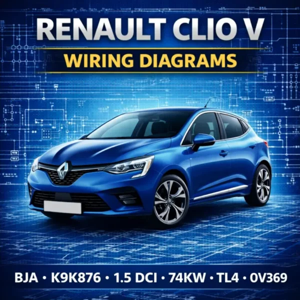 Renault Clio V wiring diagrams manual cover with hatchback vehicle and electrical blueprint schematic background