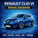 Renault Clio VI wiring diagrams manual cover with hatchback vehicle and electrical blueprint schematic background