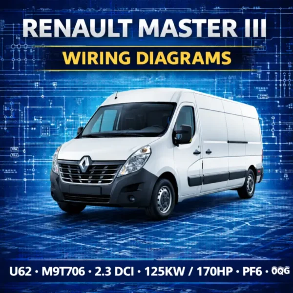 Renault Master III wiring diagrams manual cover with van and electrical blueprint schematic background