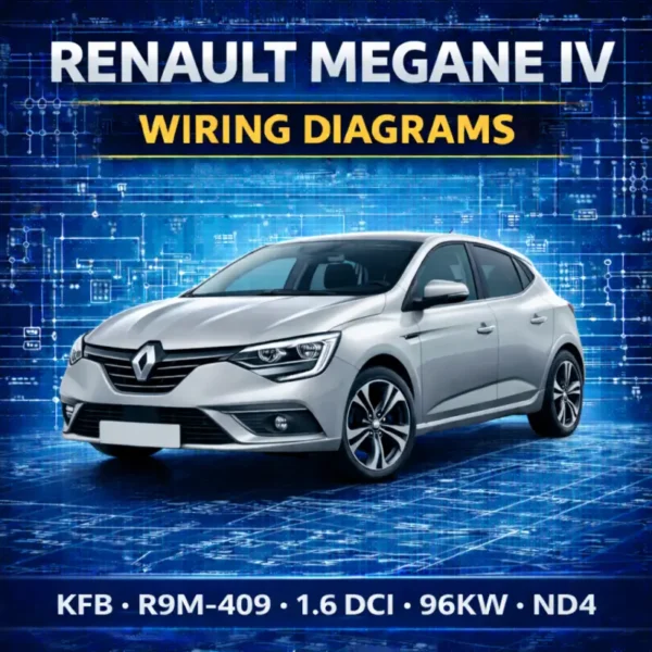 Renault Megane IV wiring diagrams manual cover with vehicle and electronic blueprint schematic background