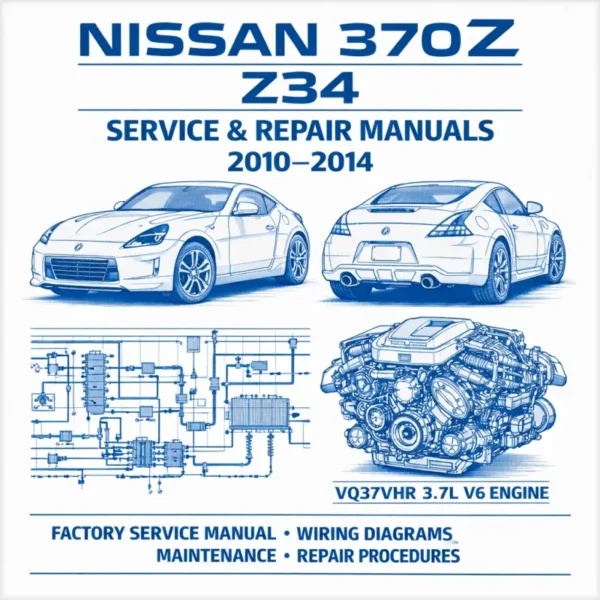 Cover for Nissan 370Z Z34 (2010–2014) Service and Repair Manuals, featuring blue line-art illustrations of the car chassis, VQ37VHR 3.7L V6 engine, and a technical wiring schematic