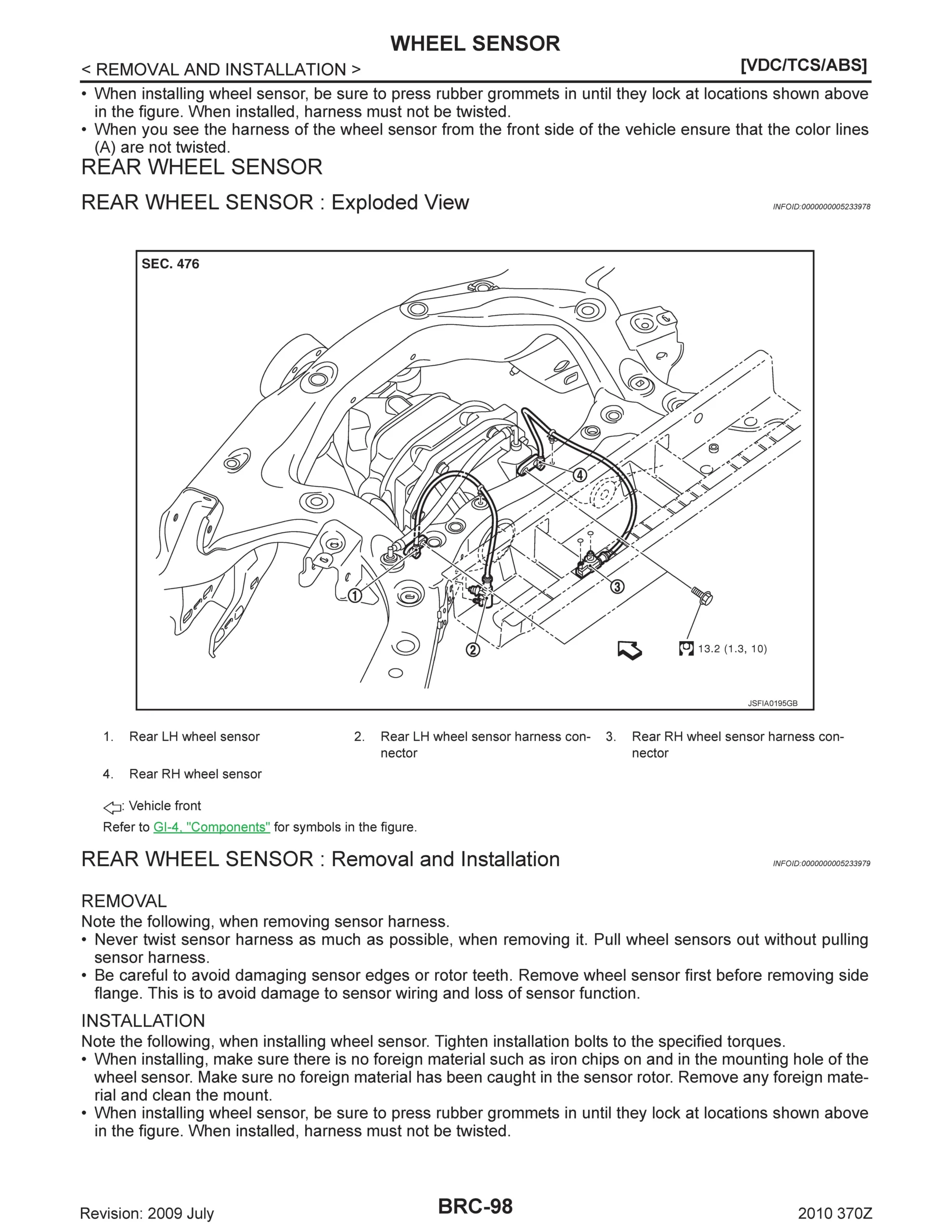 Technical service manual page for the 2010 Nissan 370Z (Z34) showing an exploded view, removal, and installation instructions for rear LH and RH wheel sensors