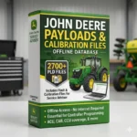 John Deere Payloads and Calibration Files Offline Database software box featuring 2700+ PLD files for Service Advisor controller programming