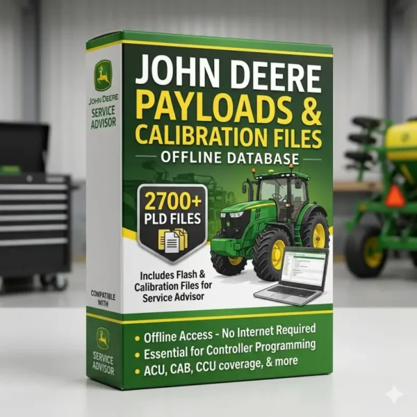 John Deere Payloads and Calibration Files Offline Database software box featuring 2700+ PLD files for Service Advisor controller programming