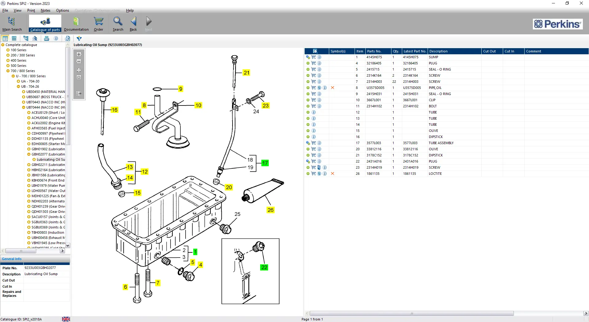 Perkins SPI2 parts catalog interface showing lubricating oil sump exploded diagram with OEM part numbers, components, and detailed parts list