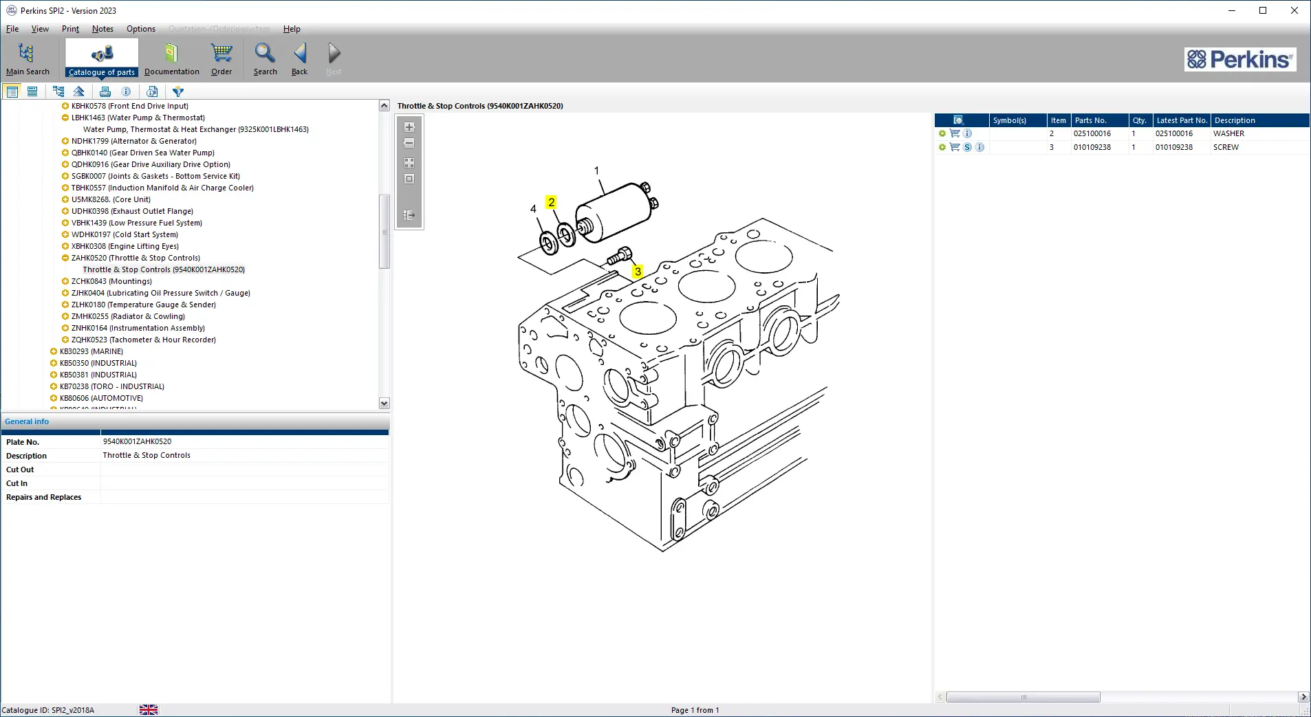 Perkins SPI2 parts catalog showing throttle and stop controls exploded diagram with engine block components and OEM part numbers