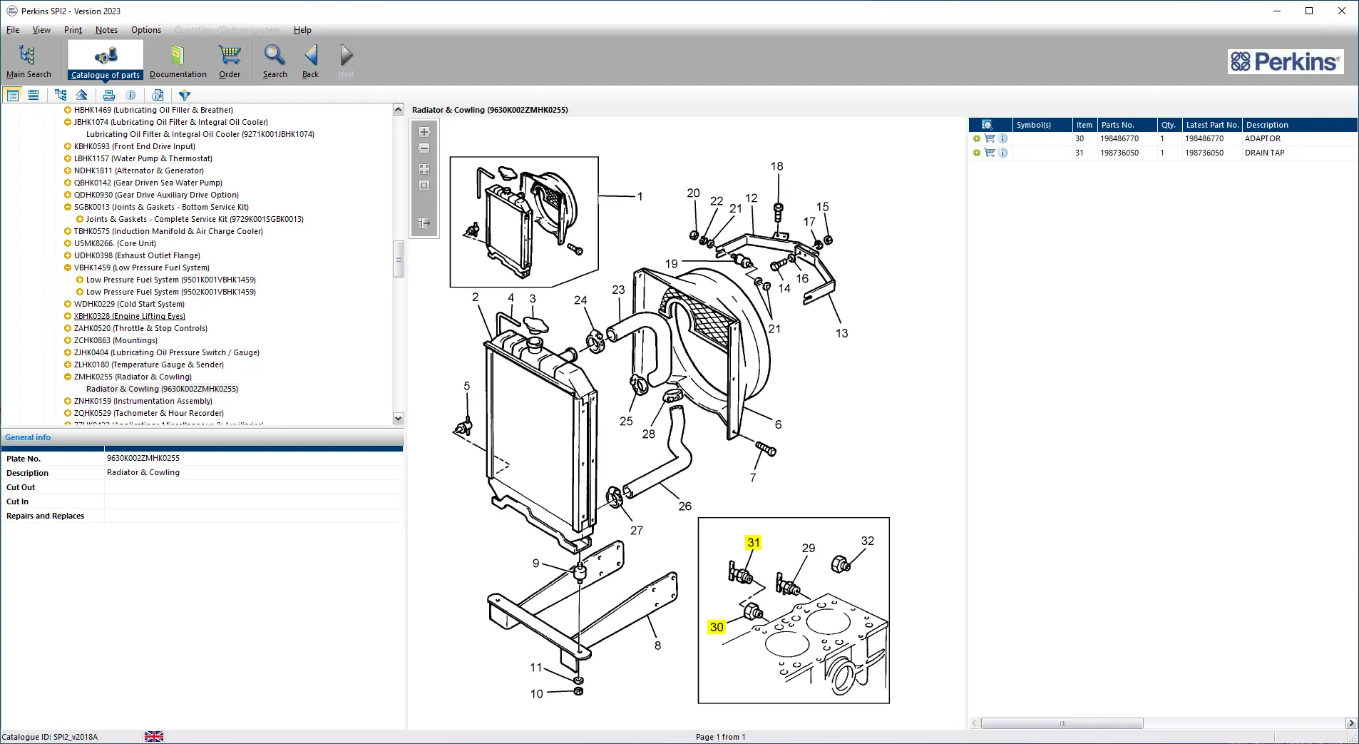 Perkins SPI2 parts catalog showing radiator and cooling system exploded diagram with fan housing, hoses, and OEM components with part numbers
