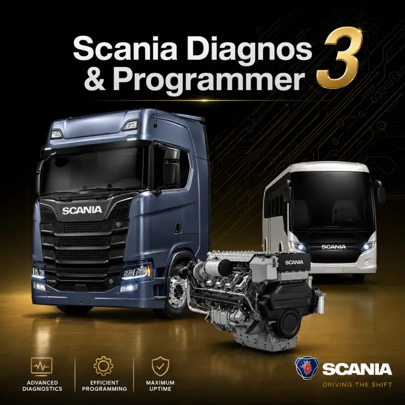 Scania-SDP3-Diagnostic-Software Scania SDP3 diagnostic and programming software for Scania trucks, buses, and engines, supporting advanced diagnostics, ECU programming, parameter configuration, calibrations, and VCI communication.