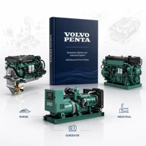 Volvo Penta OEM electronic parts catalog product image featuring a premium catalog cover with marine engine, industrial engine, and generator set on a clean technical blueprint background