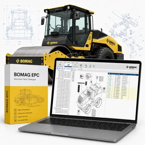 BOMAG EPC electronic parts catalog software with BOMAG road roller, OEM exploded diagrams, and interactive parts lookup interface