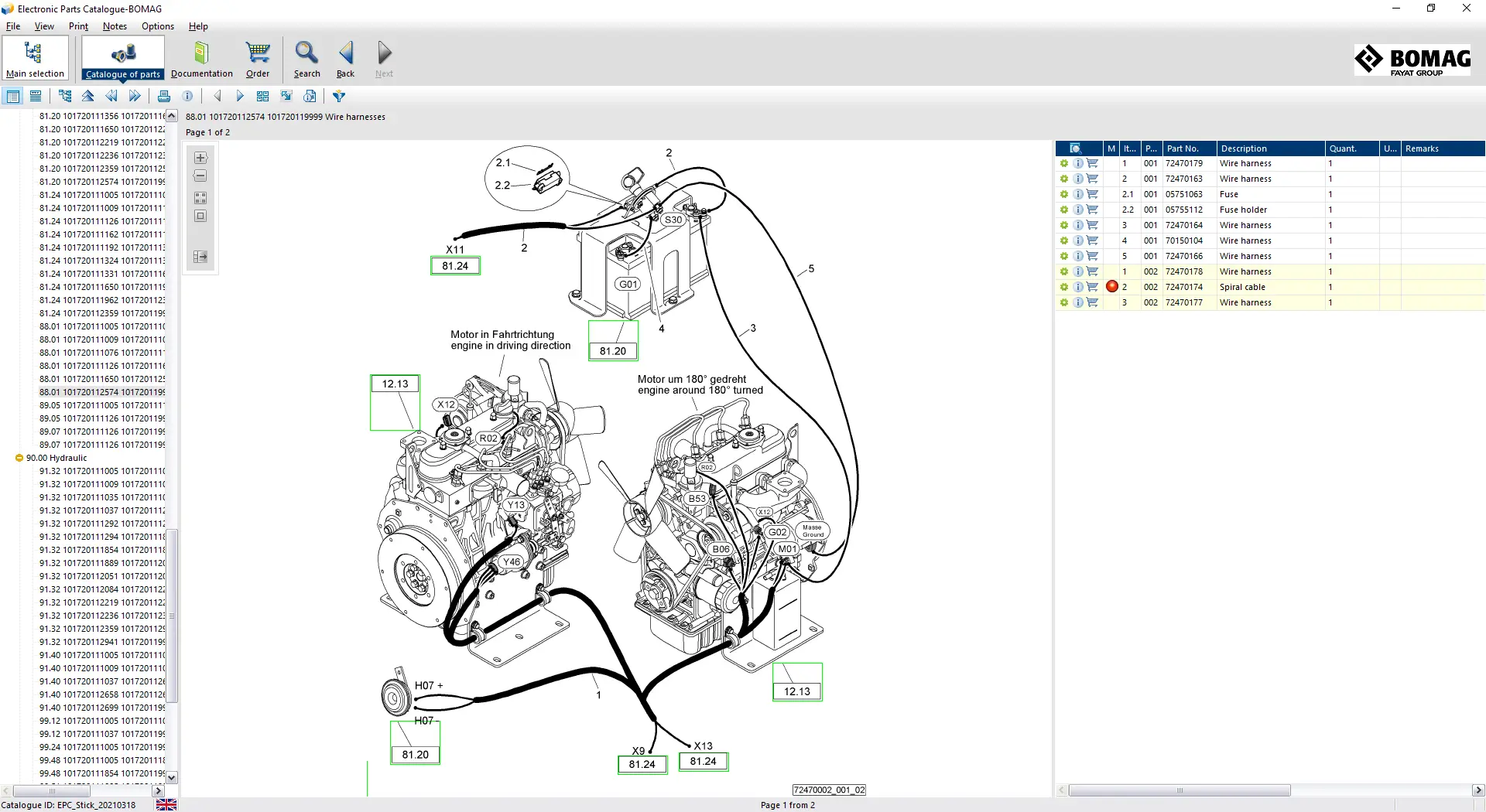 BOMAG EPC electronic parts catalog showing wire harnesses and electrical wiring diagram with OEM connectors, fuse holder, and component references