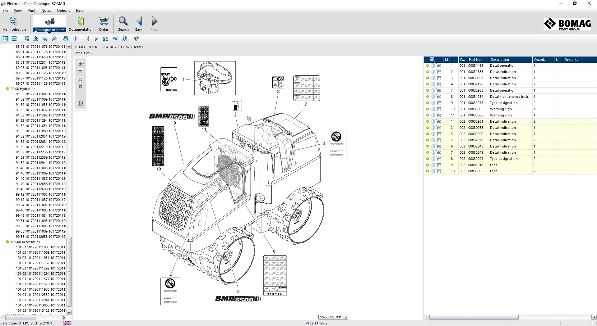 BOMAG EPC electronic parts catalog showing BMP8500 roller decal and labeling exploded diagram with OEM part numbers and component references