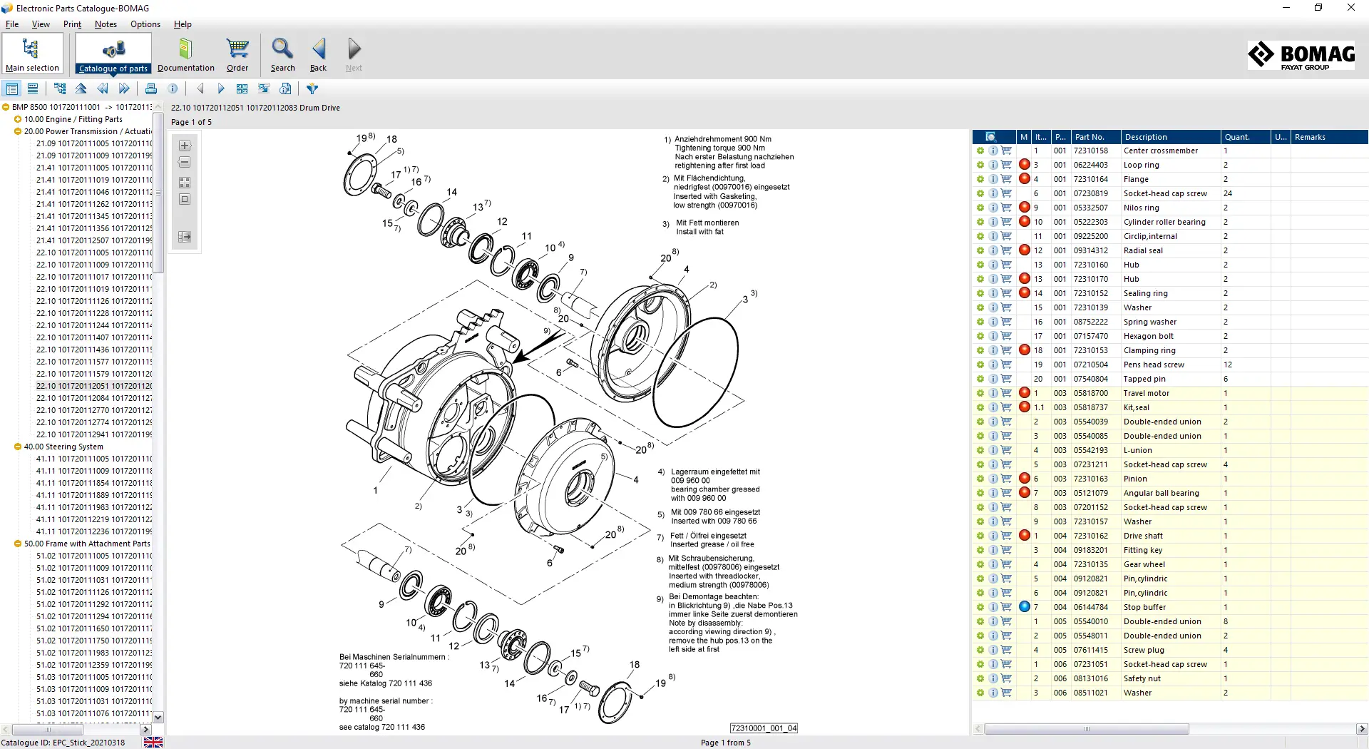 BOMAG EPC electronic parts catalog showing exploded drum drive assembly diagram with OEM part numbers and detailed component list