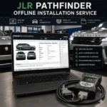 JLR Pathfinder offline installation service setup featuring diagnostic software on a laptop and a DoIP VCI interface tool in a Jaguar Land Rover workshop